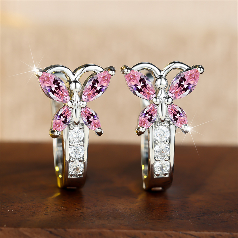 Women's Elegant Butterfly-Shaped Pink Synthetic Zirconia Earrings
